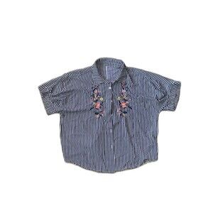 Women's 2XL Button Up Black & White Striped Blouse With Embroidery  SHEIN Curve